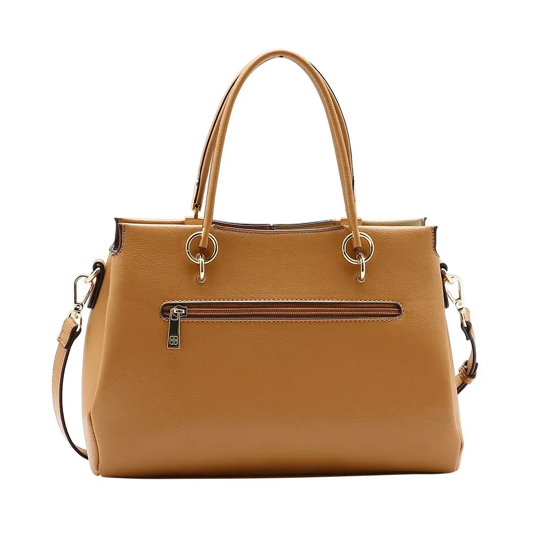 Bolsa feminina Chenson Patchwork Clássico caramelo vista traseira com detalhes em bege e marrom